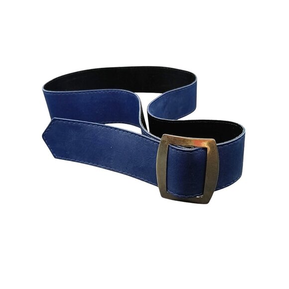 Vintage Blue Leather Belt With Brass Buckle - Picture 1 of 2